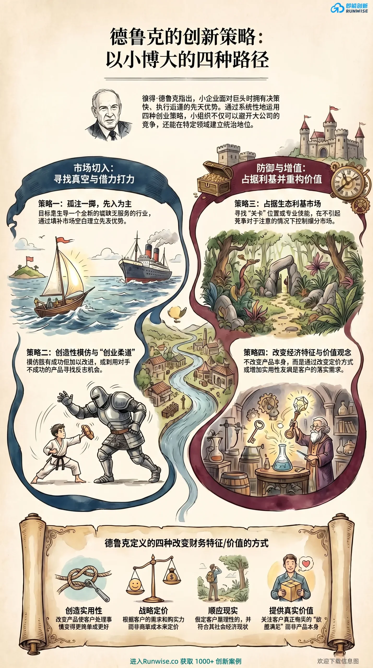 德鲁克创新策略全景图解，展示初创企业如何通过创业柔道、生态利基与战略定价等4种路径，解决以小博大与避开巨头竞争的增长难题。
