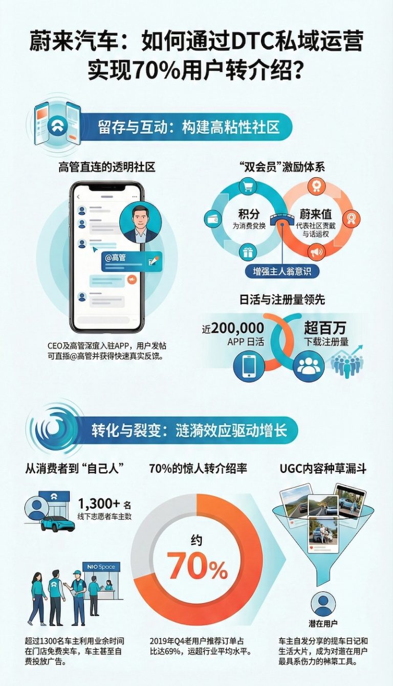 蔚来私域运营全景分析图，展示其如何通过高粘性APP社区与双会员体系，驱动1300名志愿者车主实现70%用户转介绍率的核心逻辑与执行路径。